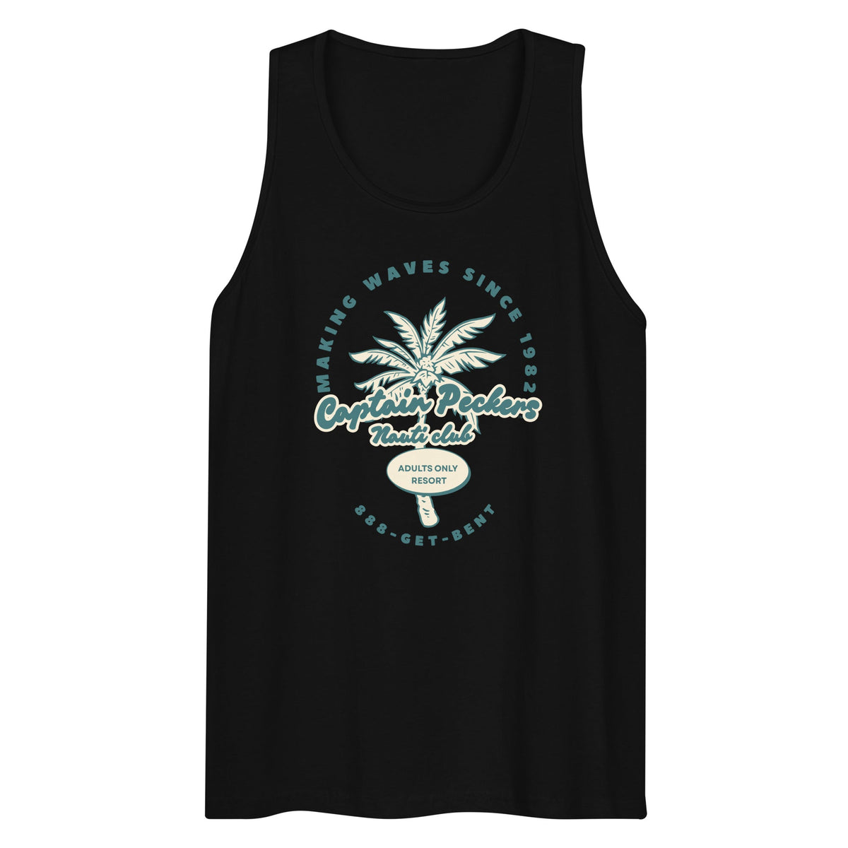 Waves tank top in black, Captain Peckers graphic design close-up