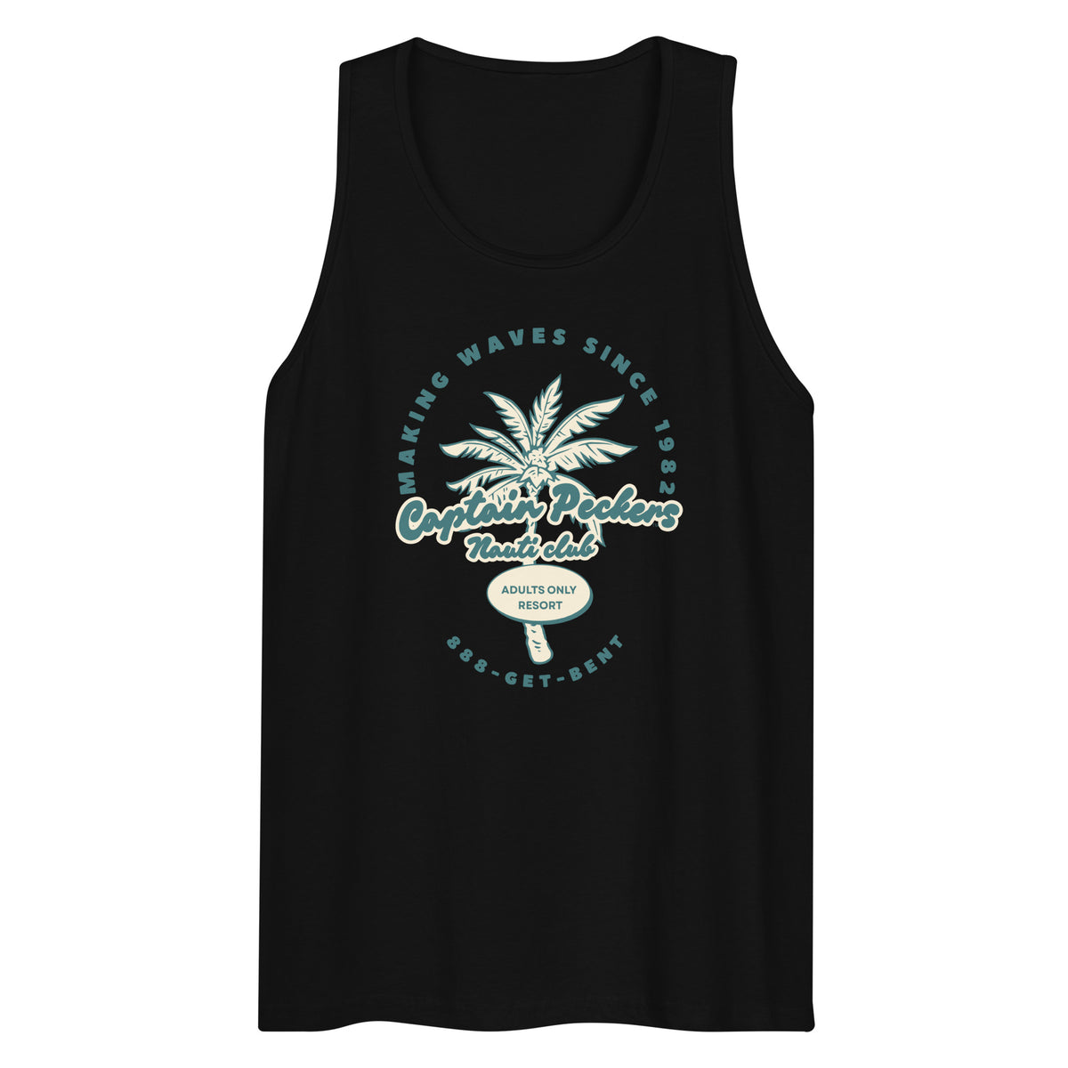 Waves tank top in black, Captain Peckers graphic design close-up